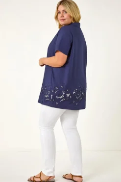 Roman Navy Curve Floral Cut Out Woven Top