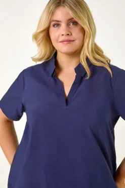 Roman Navy Curve Floral Cut Out Woven Top