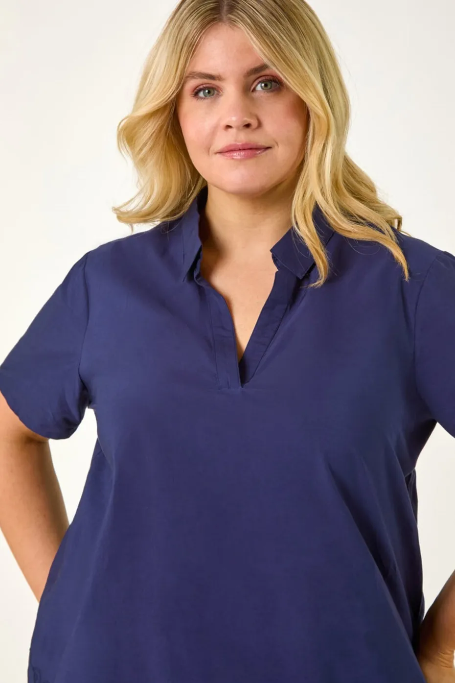 Roman Navy Curve Floral Cut Out Woven Top