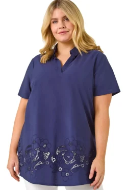 Roman Navy Curve Floral Cut Out Woven Top