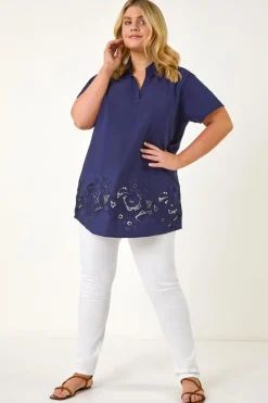 Roman Navy Curve Floral Cut Out Woven Top