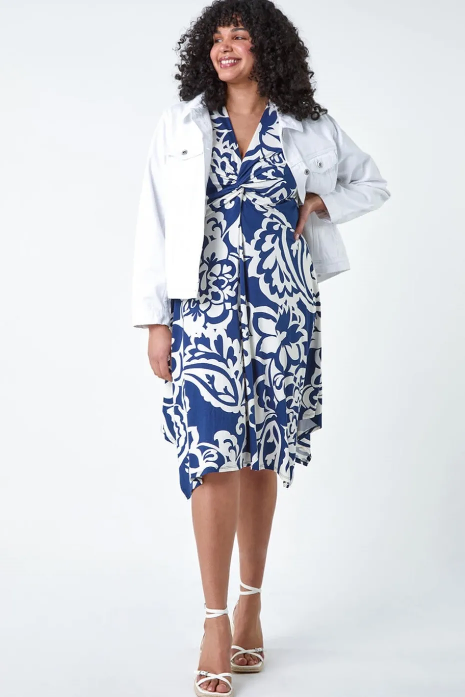 Roman Navy Curve Floral Print Twist Front Dress