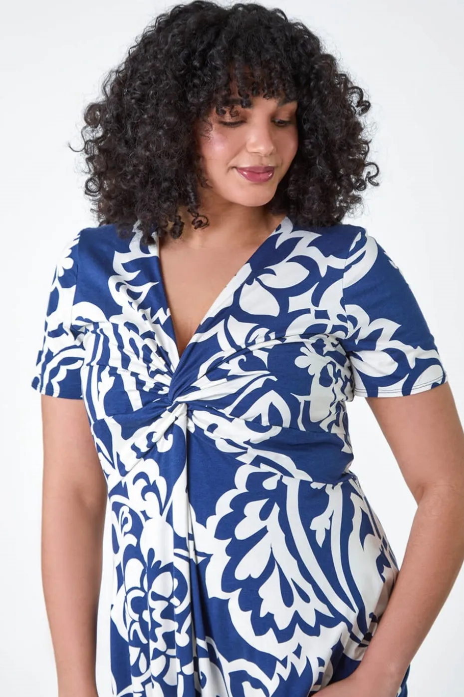 Roman Navy Curve Floral Print Twist Front Dress