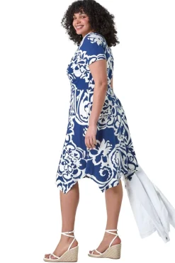 Roman Navy Curve Floral Print Twist Front Dress