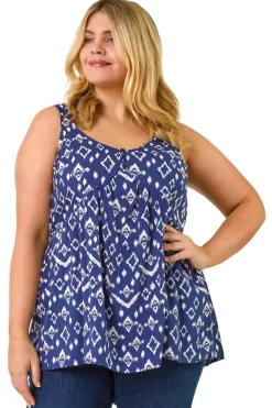 Roman Navy Curve Ikat Print Woven Vest Top