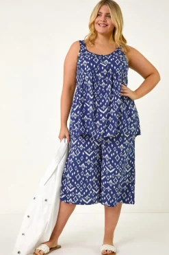 Roman Navy Curve Ikat Print Woven Vest Top