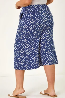 Roman Navy Curve Ikat Print Wide Leg Culottes