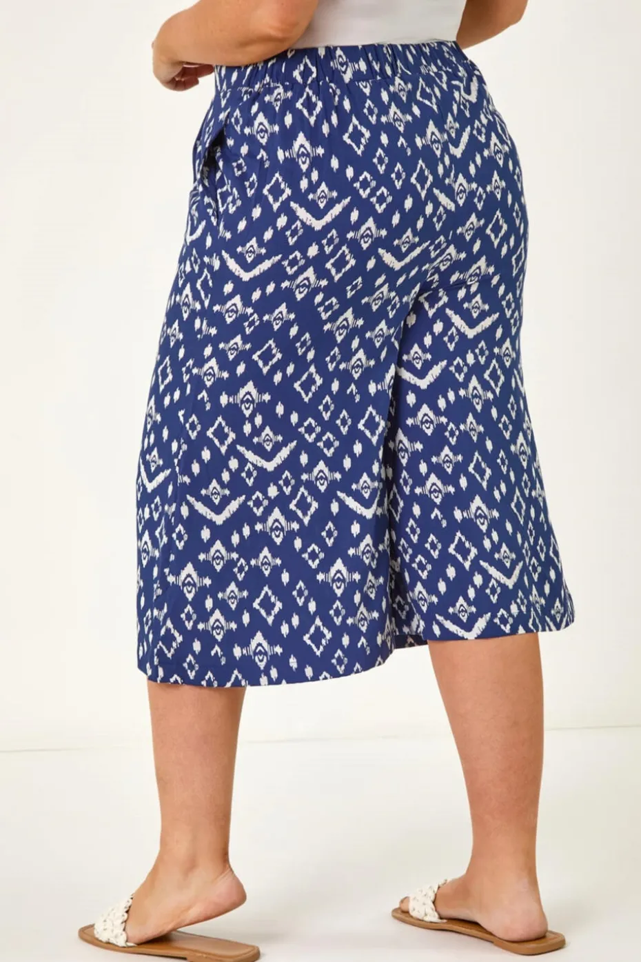 Roman Navy Curve Ikat Print Wide Leg Culottes