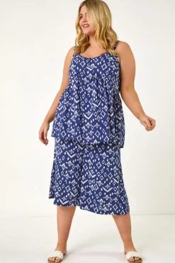 Roman Navy Curve Ikat Print Wide Leg Culottes