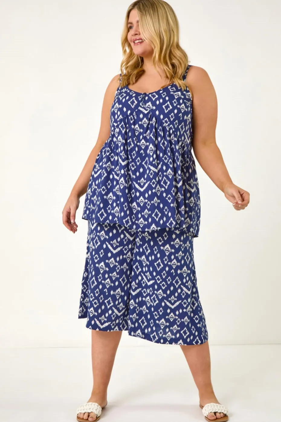 Roman Navy Curve Ikat Print Wide Leg Culottes