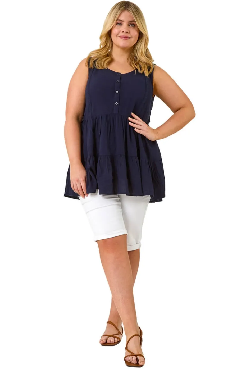 Roman Navy Curve Lace Detail Vest Top