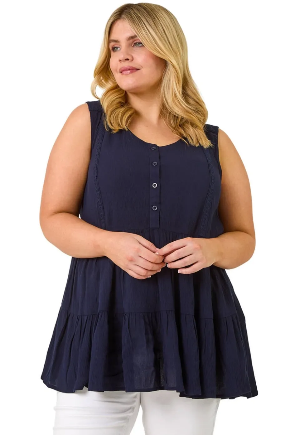 Roman Navy Curve Lace Detail Vest Top