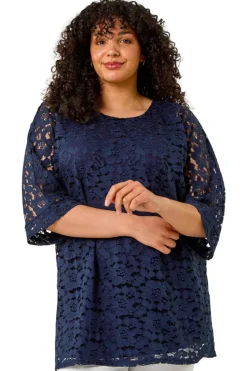 Roman Navy Curve Lace Front Stretch Top