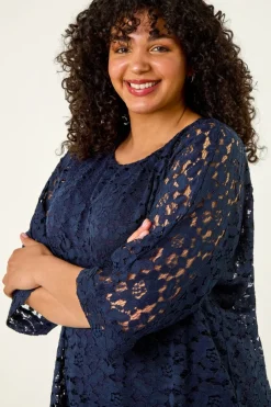 Roman Navy Curve Lace Front Stretch Top