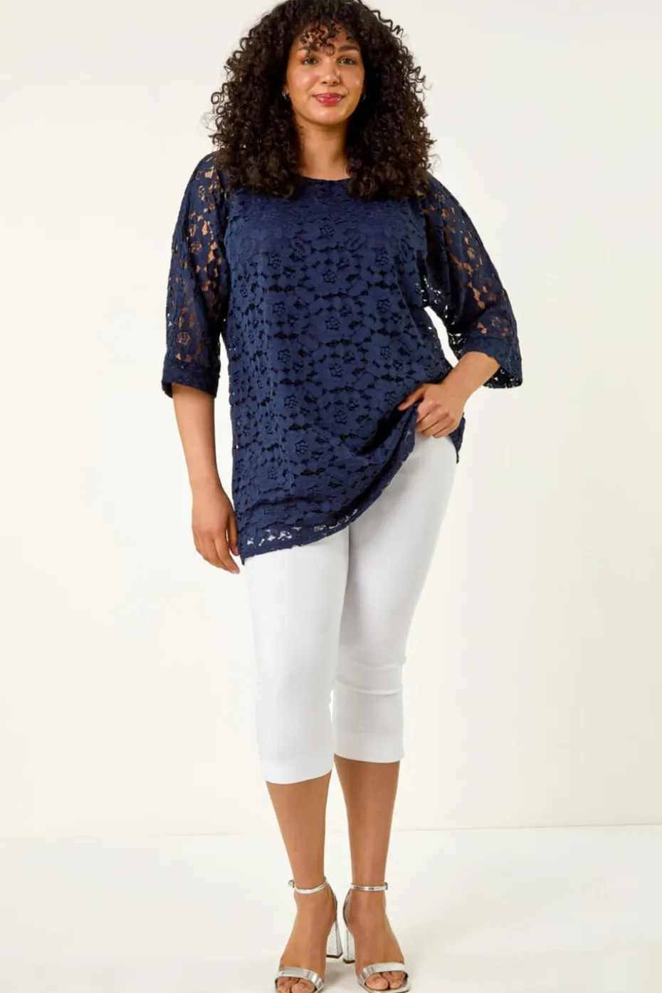 Roman Navy Curve Lace Front Stretch Top