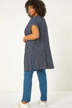 Roman Navy Curve Mono Print Stretch Cardigan