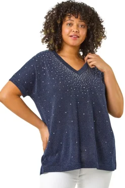 Roman Navy Curve Shimmer Hotfix Knit Top