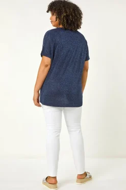 Roman Navy Curve Shimmer Hotfix Knit Top