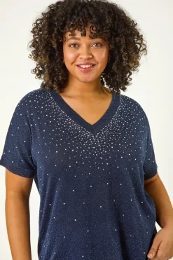 Roman Navy Curve Shimmer Hotfix Knit Top