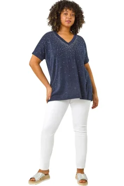 Roman Navy Curve Shimmer Hotfix Knit Top