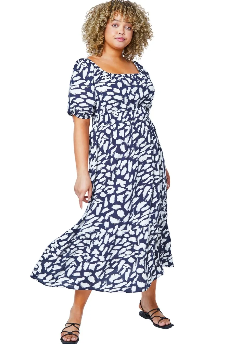 Roman Navy Curve Stretch Waist Square Neck Midi Dress