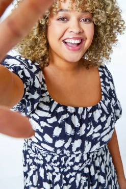 Roman Navy Curve Stretch Waist Square Neck Midi Dress