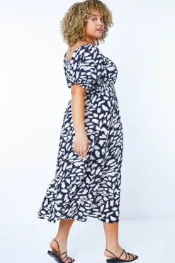 Roman Navy Curve Stretch Waist Square Neck Midi Dress