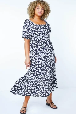Roman Navy Curve Stretch Waist Square Neck Midi Dress