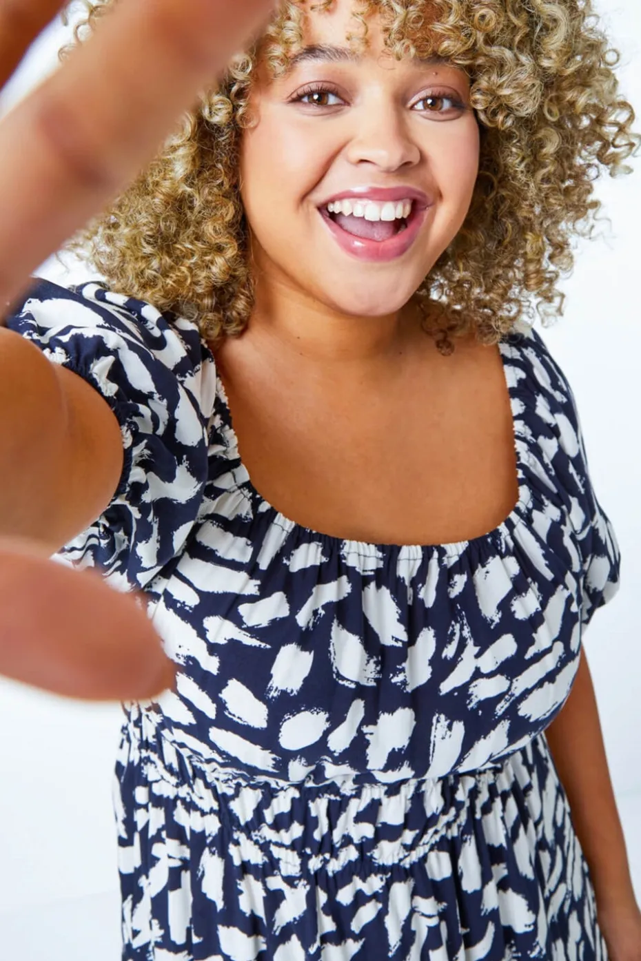 Roman Navy Curve Stretch Waist Square Neck Midi Dress