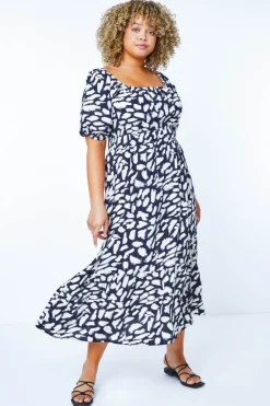 Roman Navy Curve Stretch Waist Midi Dress
