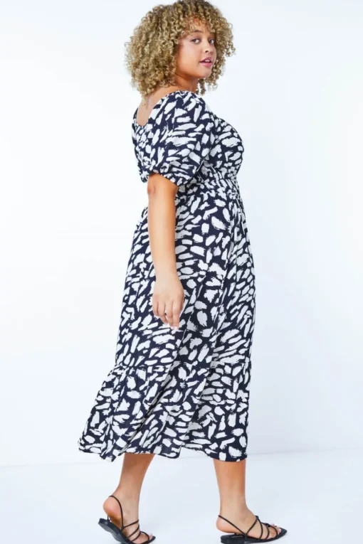 Roman Navy Curve Stretch Waist Midi Dress