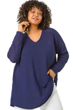 Roman Navy Curve Textured Knit V-Neck Tunic