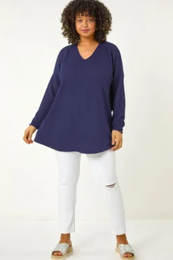 Roman Navy Curve Textured Knit V-Neck Tunic