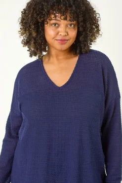 Roman Navy Curve Textured Knit V-Neck Tunic