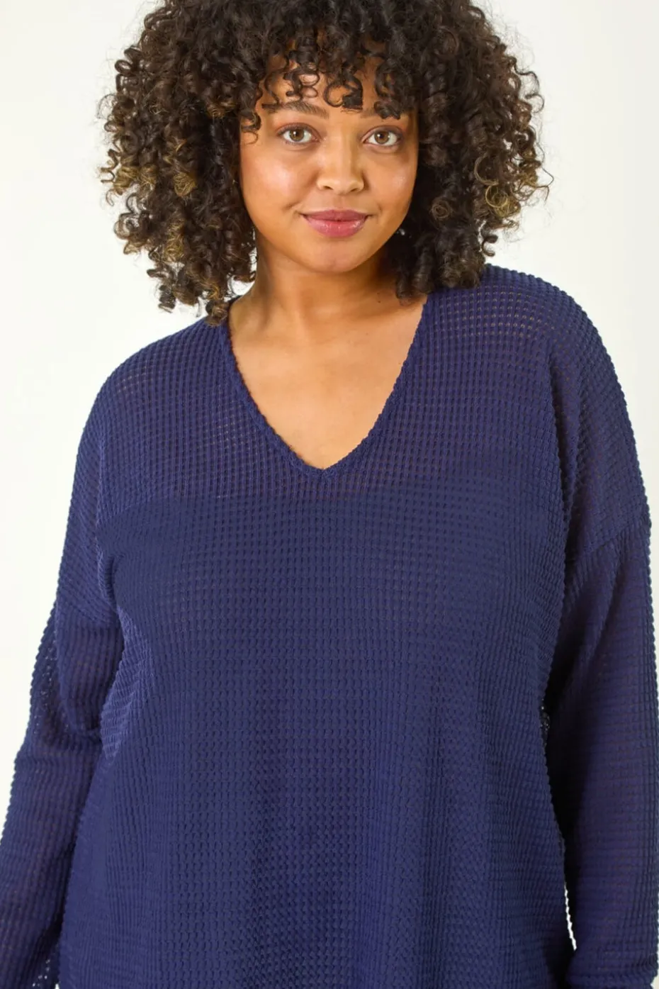 Roman Navy Curve Textured Knit V-Neck Tunic