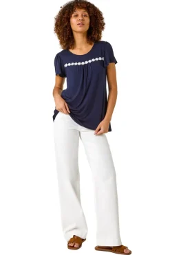 Roman Navy Daisy Applique Stretch Top