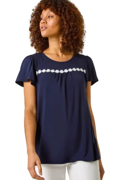 Roman Navy Daisy Applique Stretch Top