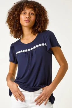 Roman Navy Daisy Applique Stretch Top