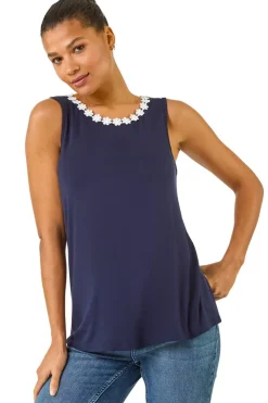 Roman Navy Daisy Neck Trim Vest Top