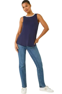 Roman Navy Daisy Neck Trim Vest Top