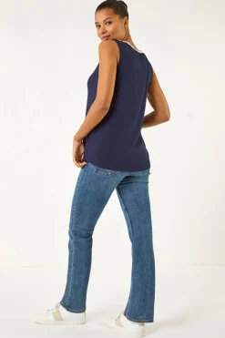 Roman Navy Daisy Neck Trim Vest Top