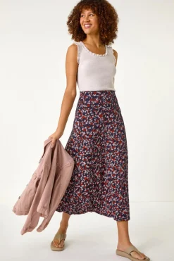 Roman Navy Ditsy Floral Stretch Midi Skirt