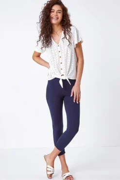 Roman Navy Elastic Waist Stretch Cropped Leggings