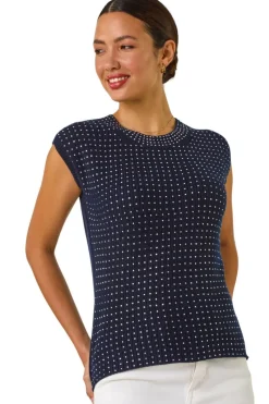 Roman Navy Embellished Short Sleeve Knit Top