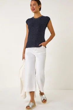 Roman Navy Embellished Short Sleeve Knit Top