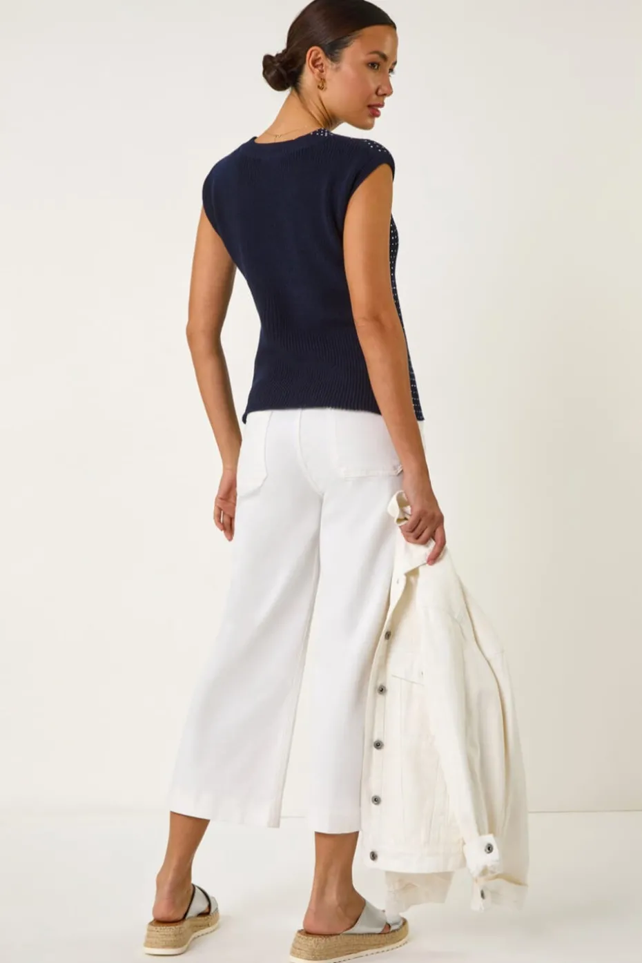 Roman Navy Embellished Short Sleeve Knit Top