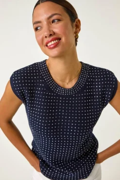Roman Navy Embellished Short Sleeve Knit Top