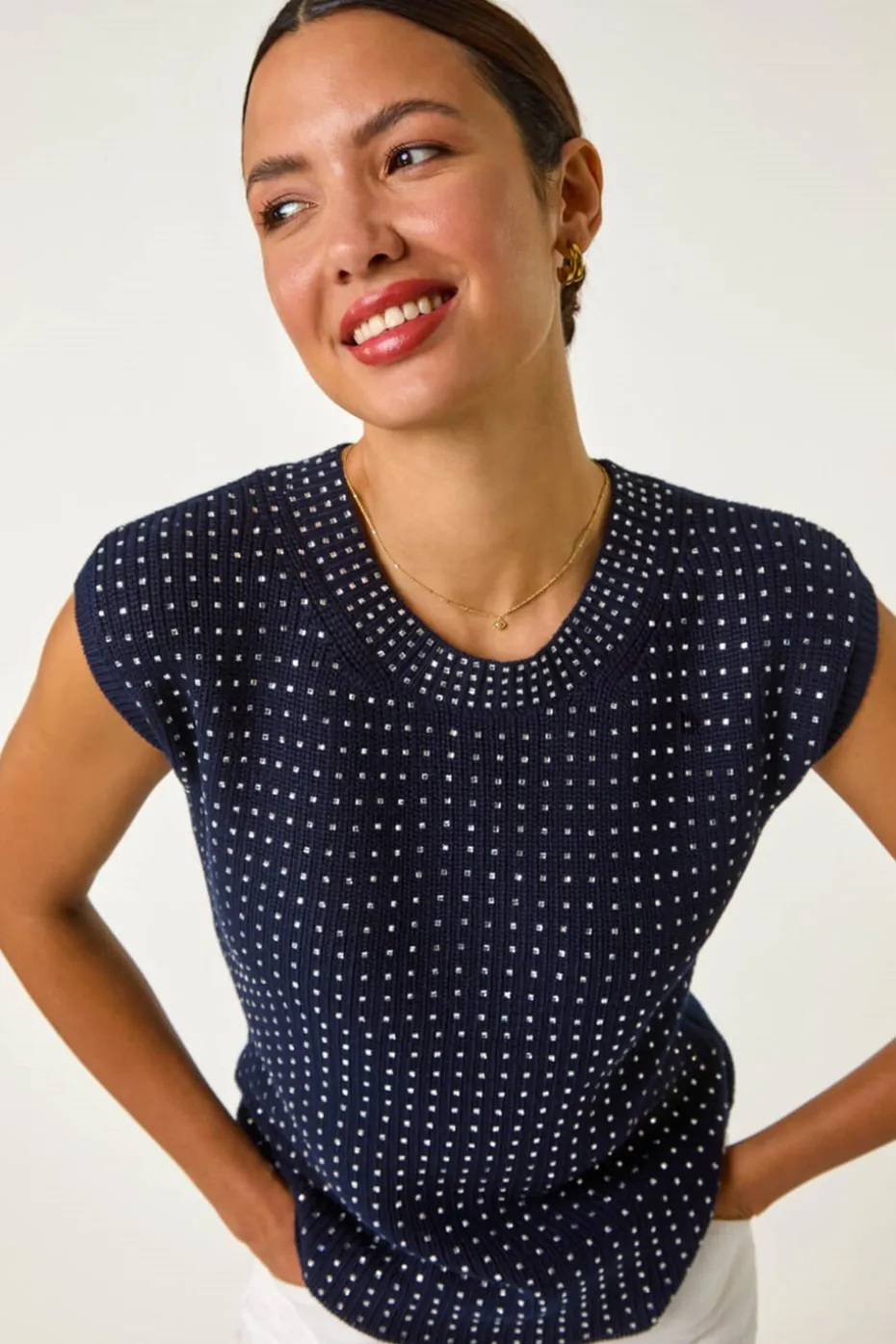 Roman Navy Embellished Short Sleeve Knit Top