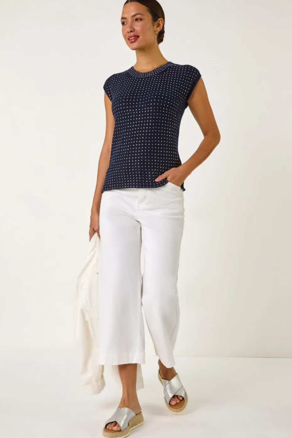 Roman Navy Embellished Short Sleeve Knit Top