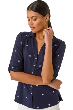 Roman Navy Embroidered V-Neck Cotton Shirt